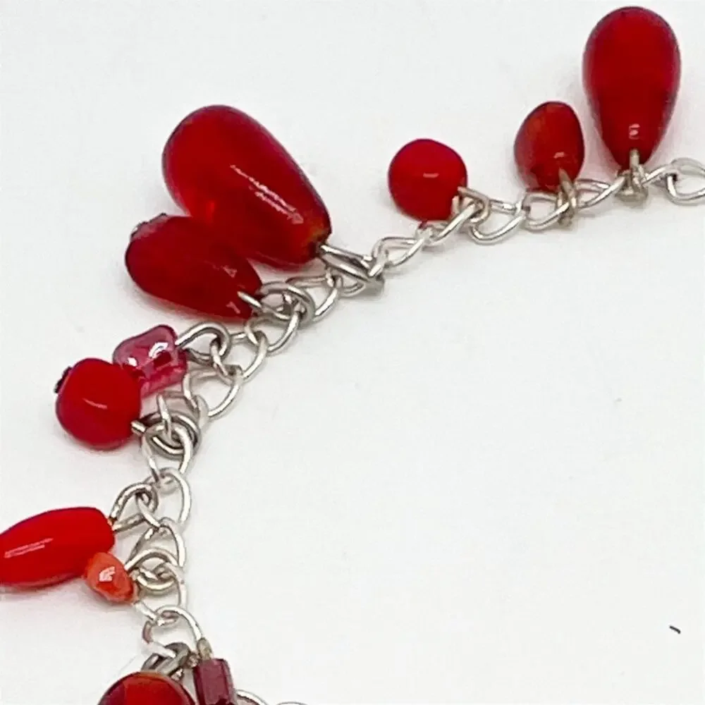 Handmade Silver Tone Chain Bracelet with Red Bead Dangles Charms Hand Crafted